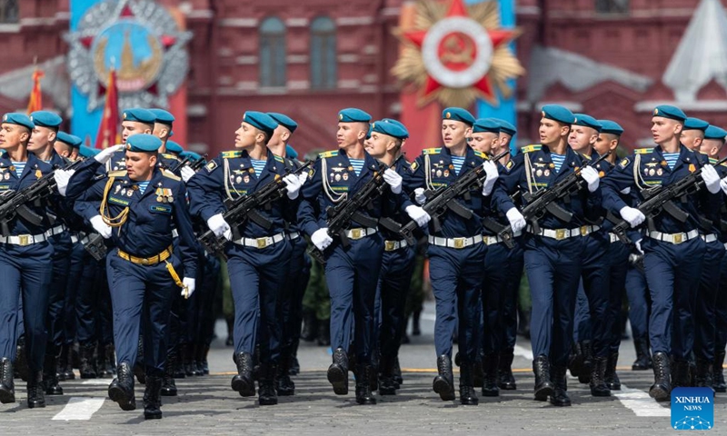 Soldiers march during a rehearsal for the Victory Day military parade, which marks the 79th anniversary of the Soviet victory in the Great Patriotic War, Russia's term for World War II, on Red Square in Moscow, Russia, May 5, 2024. Photo: Xinhua