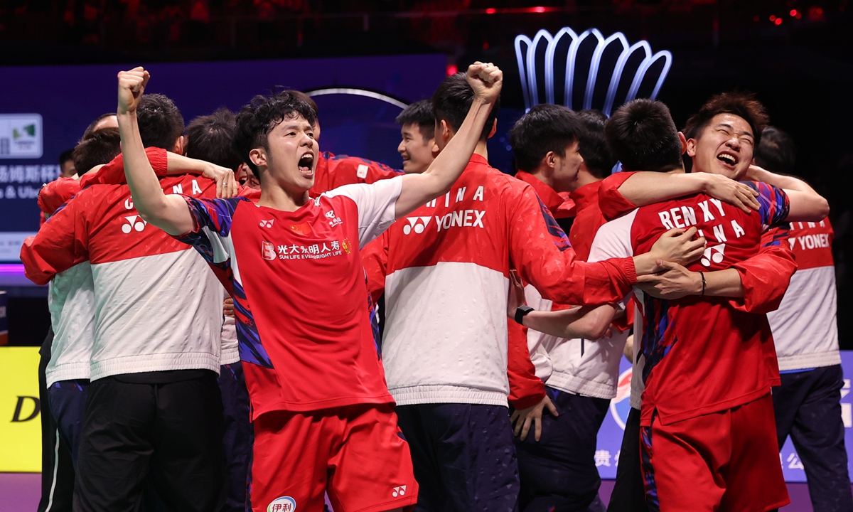 Chinese badminton players celebrate after winning the Thomas  Cup final over Indonesia on May 5, 2024 in Chengdu, Southwest China's Sichuan Province. Photo: Cui Meng/GT