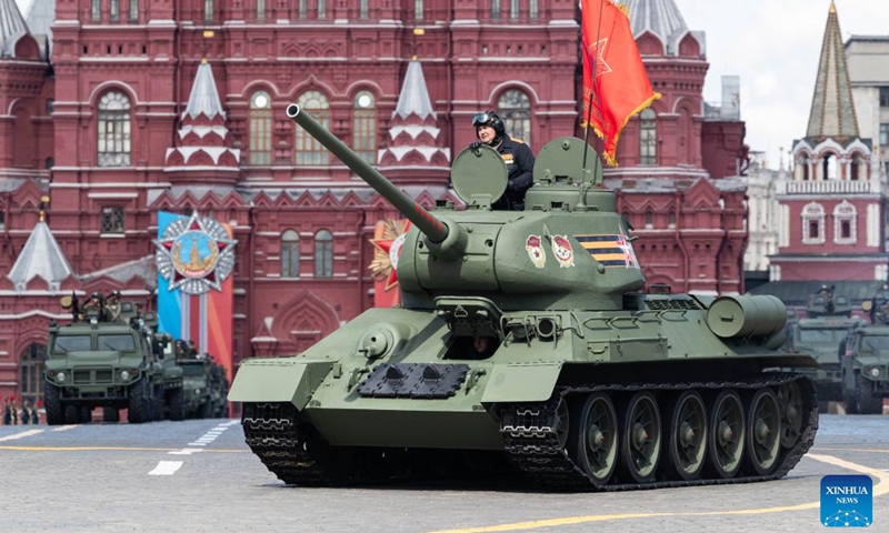 A tank drives along Red Square during a rehearsal for the Victory Day military parade, which marks the 79th anniversary of the Soviet victory in the Great Patriotic War, Russia's term for World War II, in Moscow, Russia, May 5, 2024. Photo: Xinhua