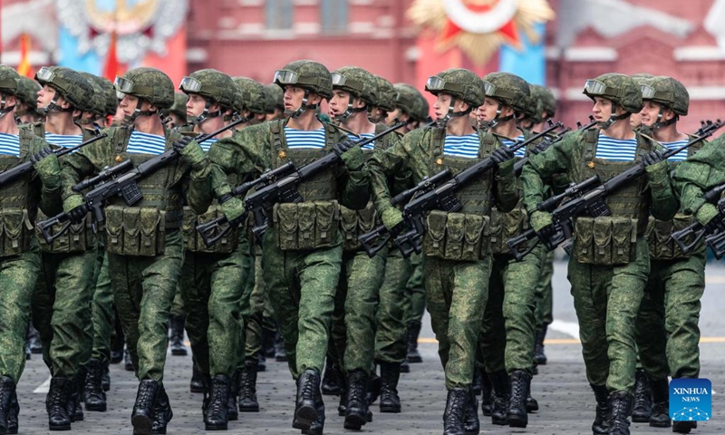 Soldiers march during a rehearsal for the Victory Day military parade, which marks the 79th anniversary of the Soviet victory in the Great Patriotic War, Russia's term for World War II, on Red Square in Moscow, Russia, May 5, 2024. Photo: Xinhua