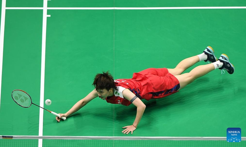Chen Yufei of China hits a return in the singles match against Gregoria Mariska Tunjung of Indonesia during the final of BWF Uber Cup Finals in Chengdu, southwest China's Sichuan Province, May 5, 2024. Photo: Xinhua