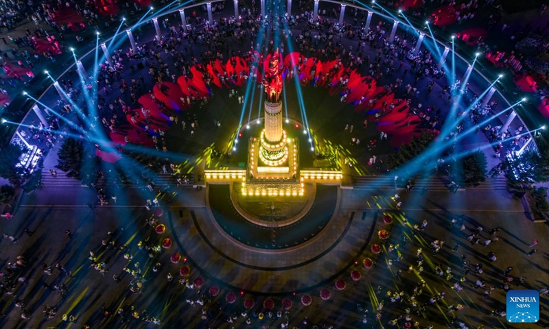 A drone photo taken on May 3, 2024 shows a light show held at a square in Harbin, capital of northeast China's Heilongjiang Province. Photo: Xinhua