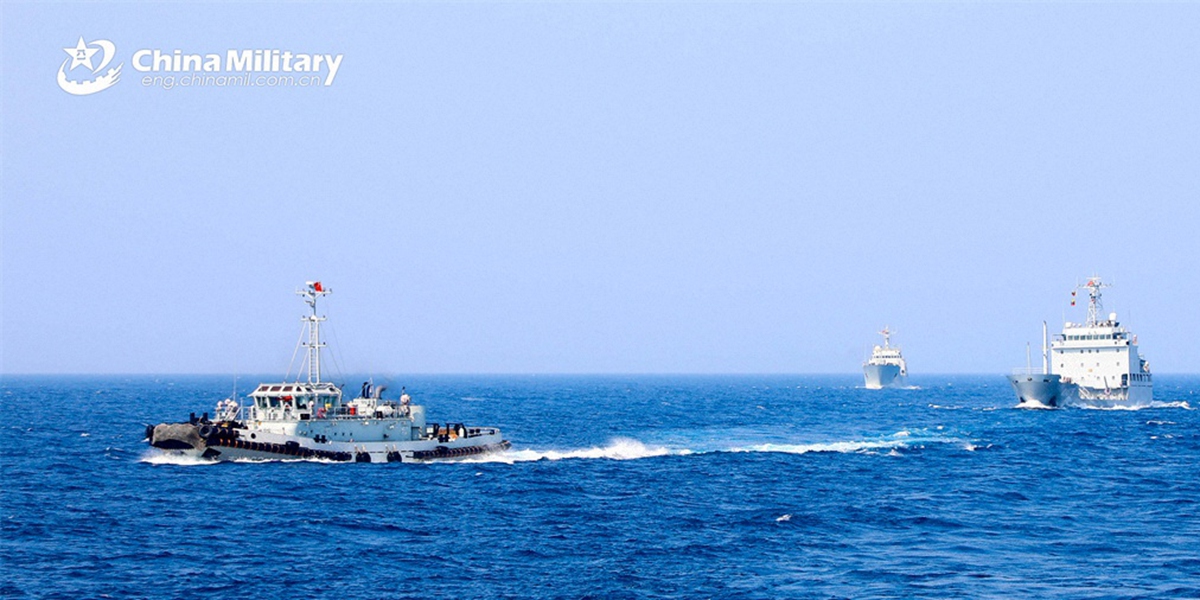 Warships attached to a service ship group of the PLA Navy sail in formation during a combat training exercise in late March, 2024. (eng.chinamil.com.cn/Photo by Wu Huanqing)