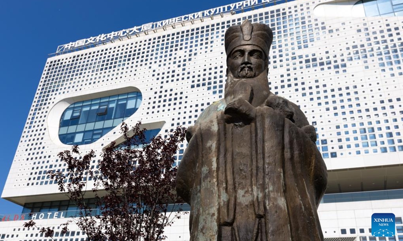 This photo taken on May 5, 2024 shows the statue of Confucius in front of the China Cultural Center in Belgrade, Serbia. The China Cultural Center in Belgrade, jointly built by China's Ministry of Culture and Tourism and the provincial government of Shandong, opened to the public recently. The center covers an area of 6,000 square meters and offers classes on Chinese language, traditional Chinese musical instruments, Chinese calligraphy, and Tai Chi. Photo: Xinhua