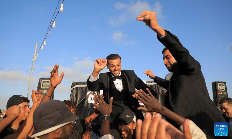 This photo taken on May 3, 2024 shows a scene of a group wedding at a temporary camp in the southern Gaza Strip city of Khan Younis. Photo: Xinhua