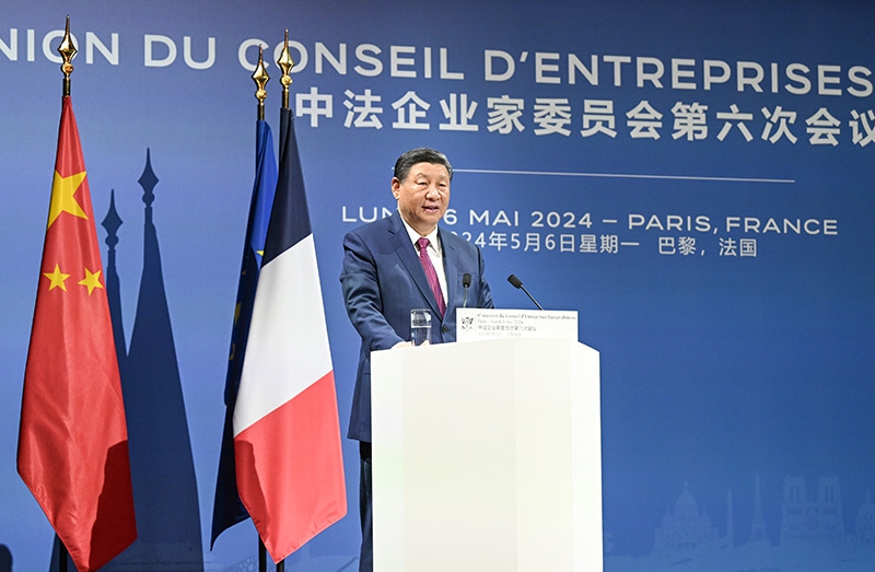 Chinese President Xi Jinping attends the closing ceremony of the Sixth Meeting of the China-France Business Council together with French President Emmanuel Macron and delivers a speech titled Building on Past Achievements to Jointly Usher in a New Era in China-France Cooperation in Paris, France, May 6, 2024. (Photo:Xinhua)