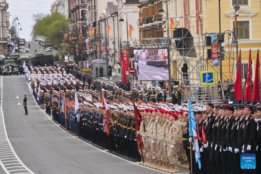 Soldiers attend a rehearsal for the Victory Day military parade, which marks the 79th anniversary of the Soviet victory in the Great Patriotic War, Russia's term for World War II, in Vladivostok, Russia on May 7, 2024.(Photo: Xinhua)