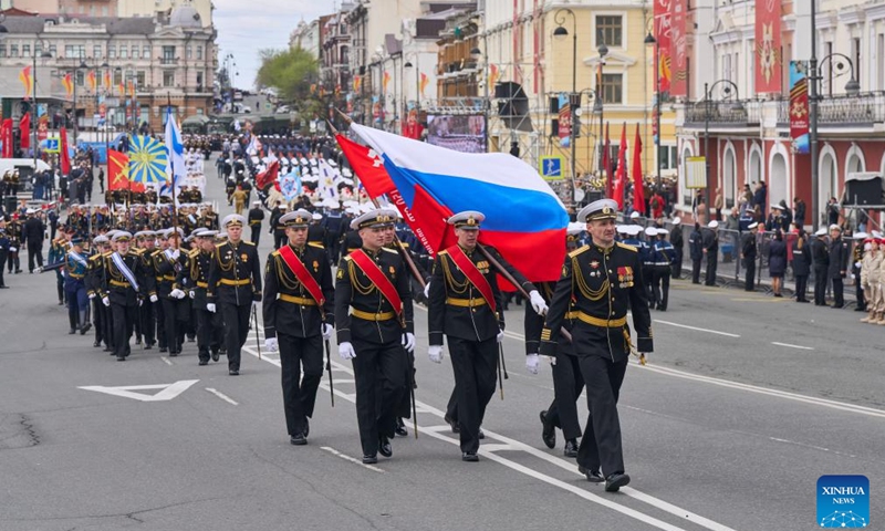 Soldiers attend a rehearsal for the Victory Day military parade, which marks the 79th anniversary of the Soviet victory in the Great Patriotic War, Russia's term for World War II, in Vladivostok, Russia on May 7, 2024.(Photo: Xinhua)