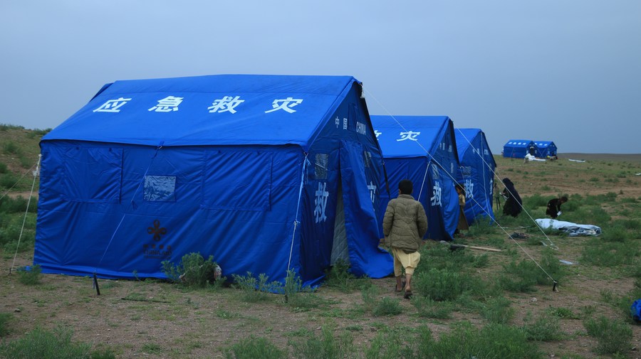 This photo taken on May 4, 2024 shows a camp set up with China-donated tents for flood-affected residents in Adraskan District, west Afghanistan's Herat Province.(Photo: Xinhua)