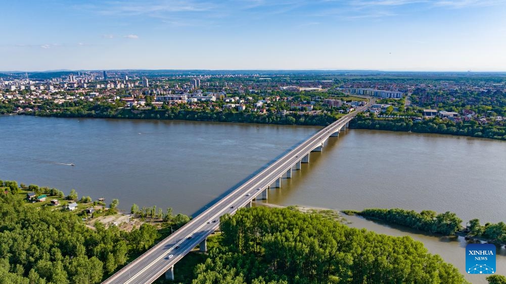 An aerial drone photo taken on April 28, 2024 shows the Pupin Bridge spanning the Danube River in Belgrade, Serbia. The bridge, constructed by China Road and Bridge Corporation and opened in 2014, was China's first big infrastructure investment on the European continent.(Photo: Xinhua)