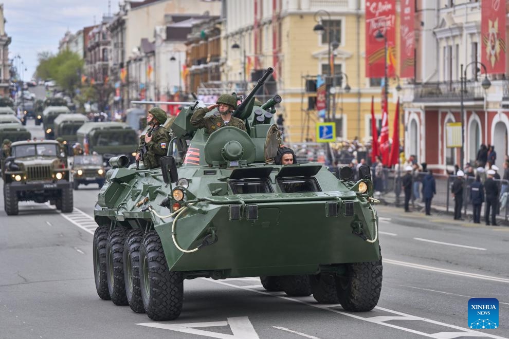 Armored vehicles attend a rehearsal for the Victory Day military parade, which marks the 79th anniversary of the Soviet victory in the Great Patriotic War, Russia's term for World War II, in Vladivostok, Russia on May 7, 2024.(Photo: Xinhua)