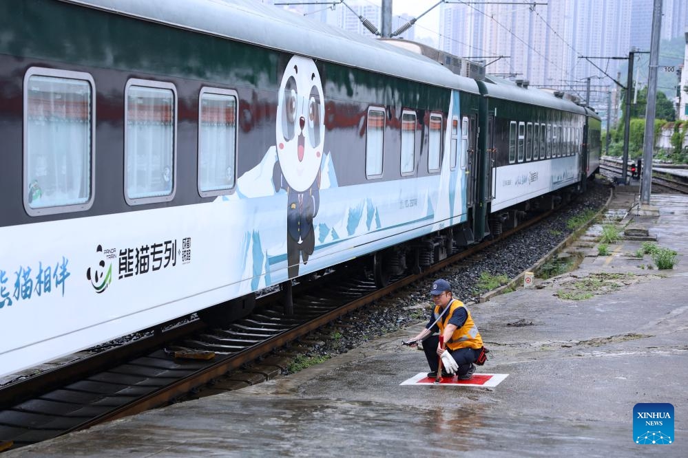 A Panda Train departs from Guiyang railway station in Guiyang, capital of southwest China's Guizhou Province, May 8, 2024. A tourist train, decorated with images, paintings and mascots of the panda and named as Panda Train, linking Guiyang, Xishuangbanna and Laos, departed from Guiyang on Wednesday.(Photo: Xinhua)