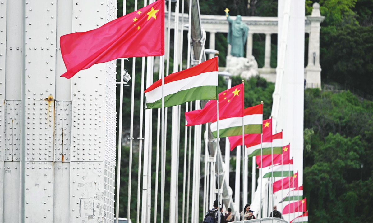 Chinese and Hungarian national flags decorate the Erzsebet Bridge in Budapest, Hungary on May 8, 2024. Photo: VCG