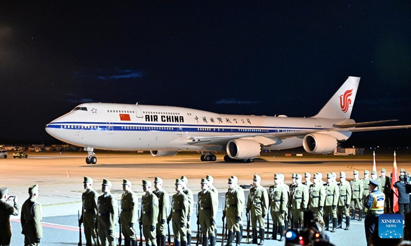 Chinese President Xi Jinping's plane arrives in Budapest, Hungary, May 8, 2024. Xi arrived here Wednesday for a state visit to Hungary.(Photo: Xinhua)