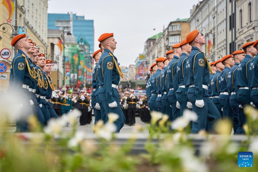 Soldiers march in the Victory Day military parade, which marks the 79th anniversary of the Soviet victory in the Great Patriotic War, Russia's term for World War II, in Vladivostok, Russia, May 9, 2024.(Photo: Xinhua)
