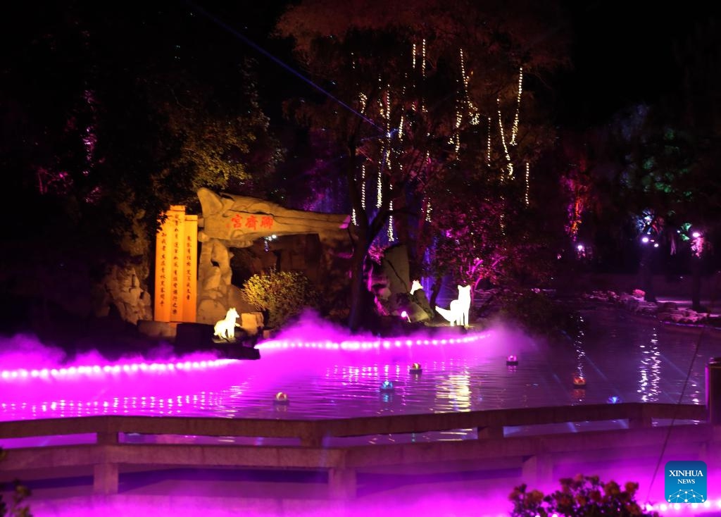 This photo taken on May 8, 2024 shows a night view of Liaozhaiyuan, a themed park in Zichuan District of Zibo City in east China's Shandong Province, May 8, 2024. The park, which is located in the hometown of the writer of Liaozhai Zhiyi (or Strange Stories from a Chinese Studio), has recently reopened after a renovations and renewal project, attracting visitors to experience the stories and characters of the famous Chinese fiction.(Photo: Xinhua)