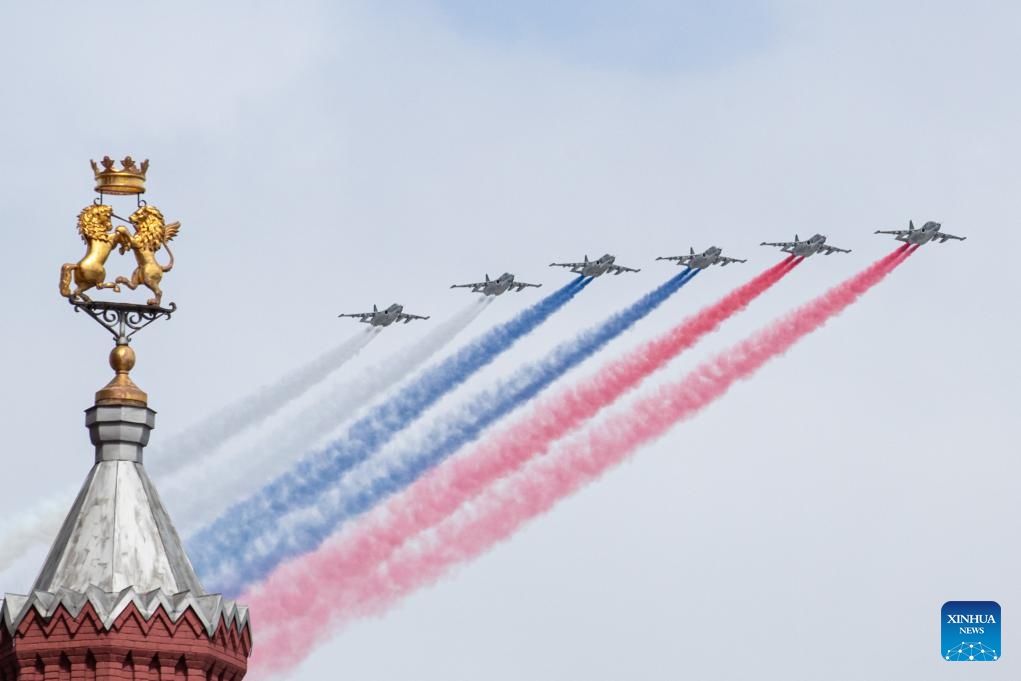 Su-25 attack aircraft are seen during the Victory Day military parade, which marks the 79th anniversary of the Soviet victory in the Great Patriotic War, Russia's term for World War II, over Red Square in Moscow, Russia, May 9, 2024.(Photo: Xinhua)