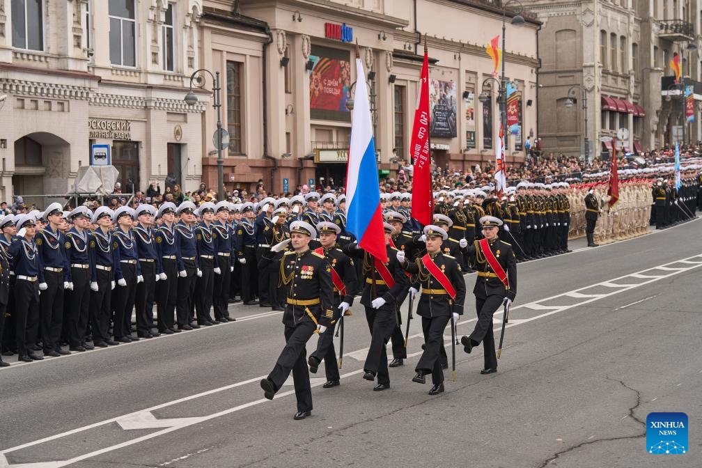 Soldiers march in the Victory Day military parade, which marks the 79th anniversary of the Soviet victory in the Great Patriotic War, Russia's term for World War II, in Vladivostok, Russia, May 9, 2024.(Photo: Xinhua)