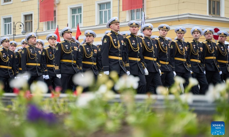 Soldiers march in the Victory Day military parade, which marks the 79th anniversary of the Soviet victory in the Great Patriotic War, Russia's term for World War II, in Vladivostok, Russia, May 9, 2024.(Photo: Xinhua)