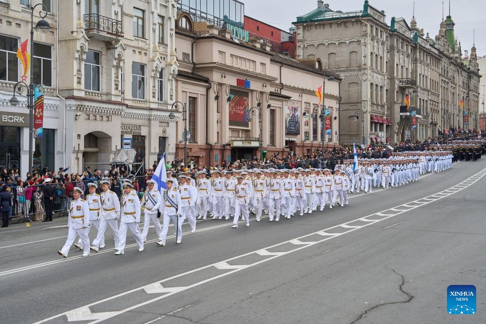 Soldiers participate in the Victory Day military parade, which marks the 79th anniversary of the Soviet victory in the Great Patriotic War, Russia's term for World War II, in Vladivostok, Russia, May 9, 2024.(Photo: Xinhua)