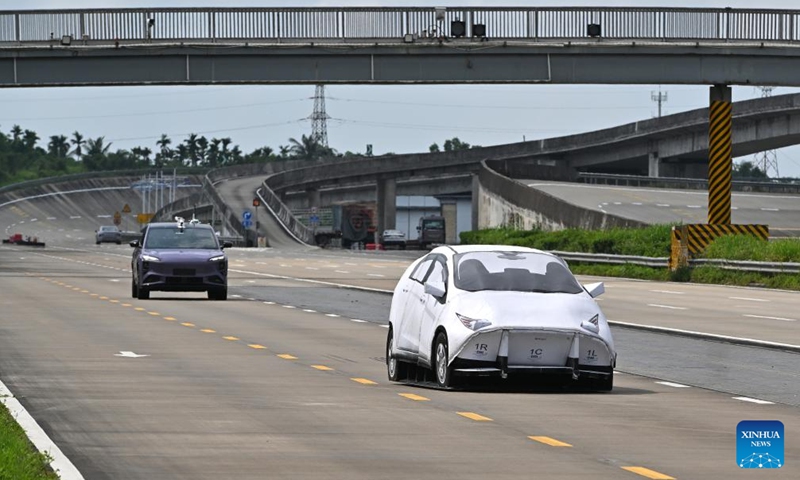 A car is being tested for an automatic emergency braking system in Qionghai, south China's Hainan Province, May 8, 2024. The earliest automobile test site in China is in Qionghai City. Every year, hundreds of cars are transported here to be tested before hitting the market. (Photo: Xinhua)