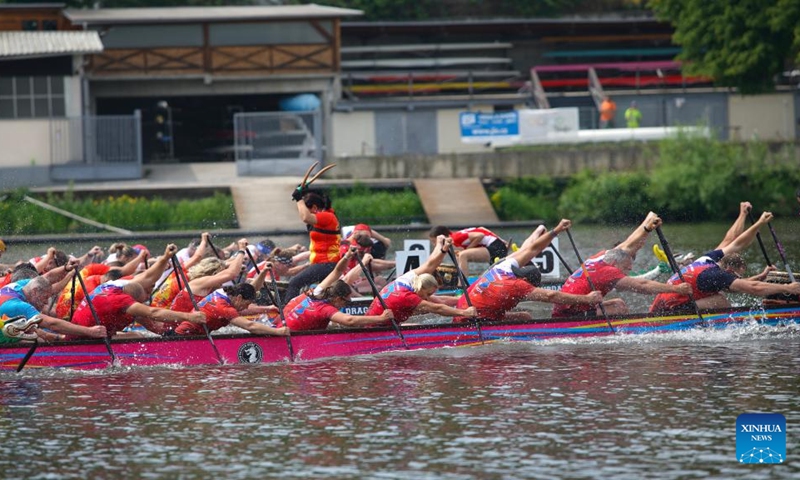 Participants race at the 27th Prague Dragon Boat Festival in Prague, the Czech Republic, on May 11, 2024. Photo: Xinhua