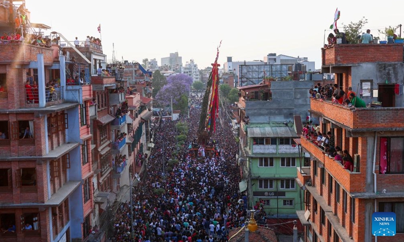 This photo taken on May 11, 2024 shows a scene during the celebration of Rato Machindranath festival in Lalitpur, Nepal. Local people worship Rato Machindranath, the god of rain, for a good harvest. Photo: Xinhua