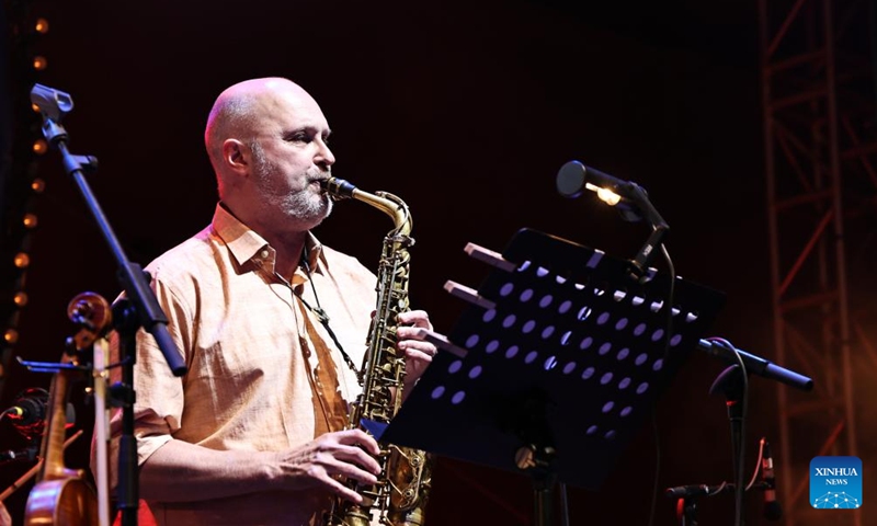 A musician performs during the closing concert of the 26th Chellah Jazz Music Festival at the Chellah site in Rabat, Morocco, May 12, 2024. Photo: Xinhua