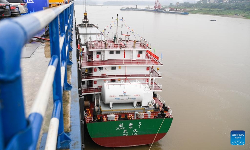 This photo taken on May 12, 2024 shows the Innovation 5 vessel at Jiangjin Luohuang Port in southwest China's Chongqing. This 10,000-tonne-class sea-going vessel arrived in southwest China's Chongqing Municipality on Wednesday, becoming the first ship of its size to sail into the upper reaches of the Yangtze River. Photo: Xinhua