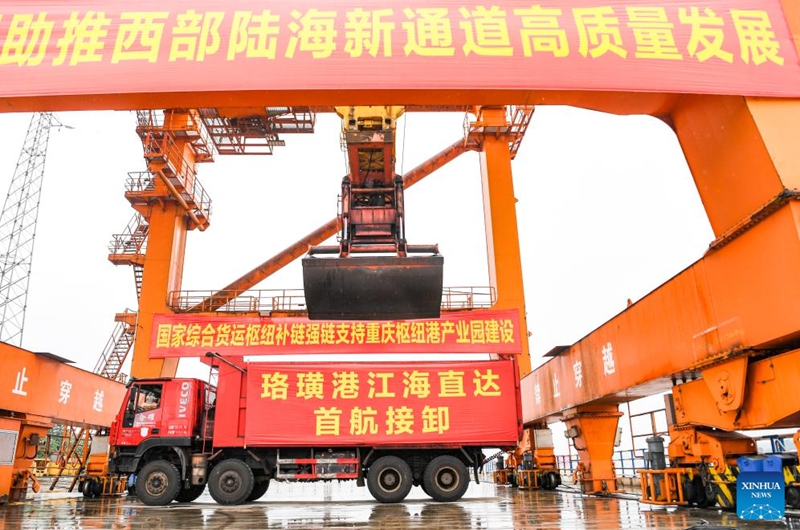 This photo taken on May 12, 2024 shows a scene at the reception ceremony for the first trial sailing of Chongqing-Zhoushan river-sea direct route at Jiangjin Luohuang Port in southwest China's Chongqing. This 10,000-tonne-class sea-going vessel arrived in southwest China's Chongqing Municipality on Wednesday, becoming the first ship of its size to sail into the upper reaches of the Yangtze River. Photo: Xinhua