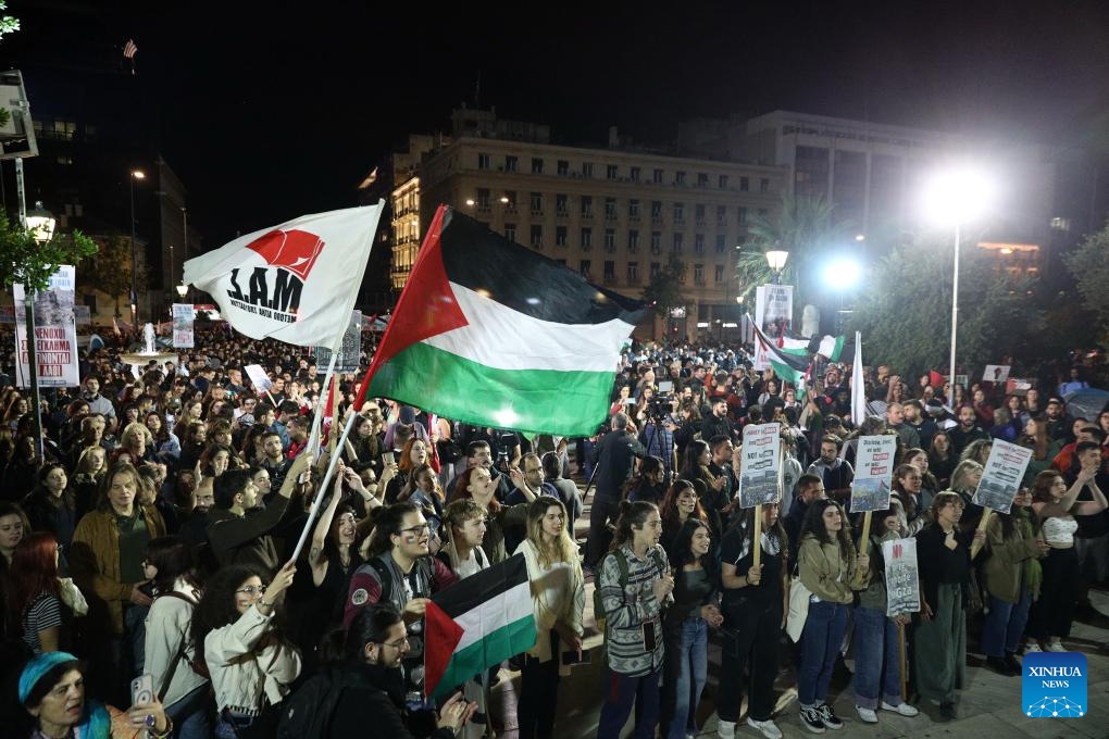 Students take part in a protest against the war in Gaza Strip, in Athens, Greece, on May 13, 2024.(Photo: Xinhua)
