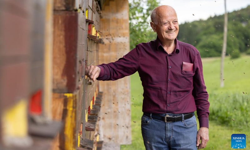A beekeeper stands beside his apiary in Ponova Vas Village, southwest of Grosuplje in central Slovenia, May 18, 2024. The World Bee Day, which is observed on May 20 annually, was declared by the UN General Assembly in 2017. Photo: Xinhua