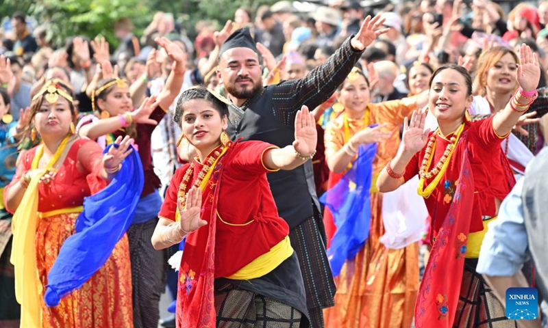 Revelers attend a parade during the Carnival of Cultures Festival in Berlin, Germany, May 19, 2024. Thousands of performers from nearly 60 teams participated in the parade on Sunday. Photo: Xinhua