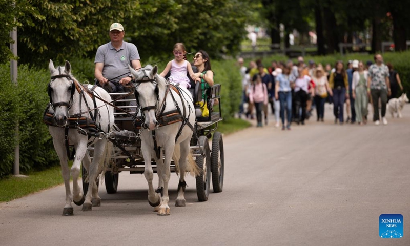 Visitors enjoy the carriage in Lipica stud farm, Slovenia on May 19, 2024. On the occasion of its 444th anniversary, the Lipica stud farm organized the Lipizzaner's Day event. Photo: Xinhua