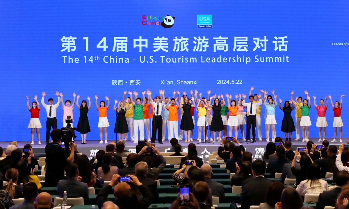Young people from China and the US cheer at the opening ceremony of the 14th China-US Tourism Leadership Summit in Xi'an, Northwest China's Shaanxi Province on May 22, 2024. Photo: cnsphoto