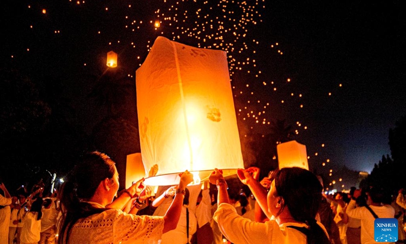 People release sky lanterns during Vesak Day celebrations at Borobudur temple in Magelang, Central Java, Indonesia, May 23, 2024. (Photo by Agung Supriyanto/Xinhua)