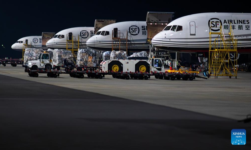 This photo taken on May 25, 2024 shows a view of the Ezhou Huahu Airport in Ezhou, central China's Hubei Province. The Ezhou Huahu Airport, an all-cargo hub airport starting operations in July 2022, is now running 48 domestic routes and 17 international routes. The airport owns a 750,000-square meter cargo transfer center with parcel sorting lines adding up to 52 kilometers, and its international throughput has exceeded 80,000 tonnes. (Photo:Xinhua)