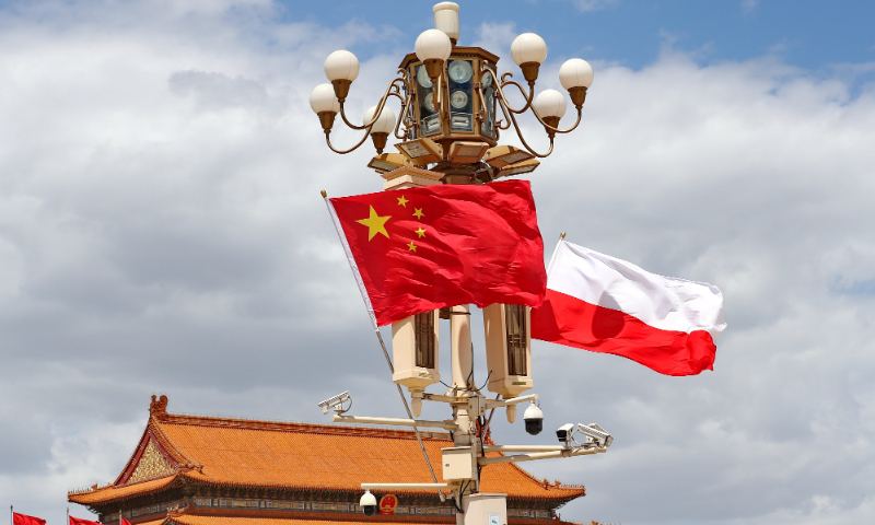 The national flags of China and Poland are displayed at Tiananmen Square in Beijing on June 23, 2024 to welcome the visit of Polish President Andrzej Duda. Photo: VCG