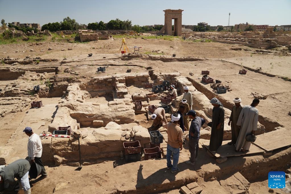 Archaeologists of a Chinese-Egyptian archaeological mission excavate the fourth chapel near the relic of the Montu Temple in Luxor, Egypt, on May 7, 2024. The Montu Temple, located at the Karnak Temple Complex of Egypt's monument-rich city of Luxor, was dedicated to the worship of Montu, a falcon-headed war god.(Photo: Xinhua)