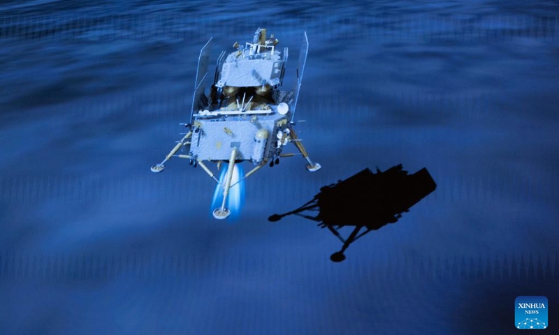 This image taken from video animation at Beijing Aerospace Control Center (BACC) on June 2, 2024 shows the lander-ascender combination of Chang'e-6 probe landing on the far side of the moon. China's Chang'e-6 touched down on the far side of the moon on Sunday morning, and will collect samples from this rarely explored terrain for the first time in human history, the China National Space Administration (CNSA) announced. (Photo: Xinhua)