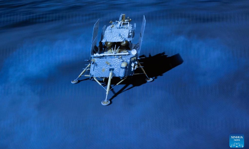 This image taken from video animation at Beijing Aerospace Control Center (BACC) on June 2, 2024 shows the lander-ascender combination of Chang'e-6 probe landing on the far side of the moon. China's Chang'e-6 touched down on the far side of the moon on Sunday morning, and will collect samples from this rarely explored terrain for the first time in human history, the China National Space Administration (CNSA) announced. (Photo: Xinhua)