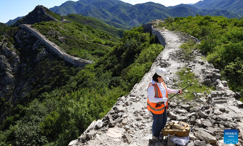 Liu Hongyan, a Great Wall protector, patrols on the Great Wall in Shixia Village in Yanqing District of Beijing, capital of China, June 1, 2024. Shixia Village in Yanqing District of Beijing was first built in the Ming Dynasty (1368-1644) and was once an important pass in the north of Juyongguan section of the Great Wall. (Photo: Xinhua)