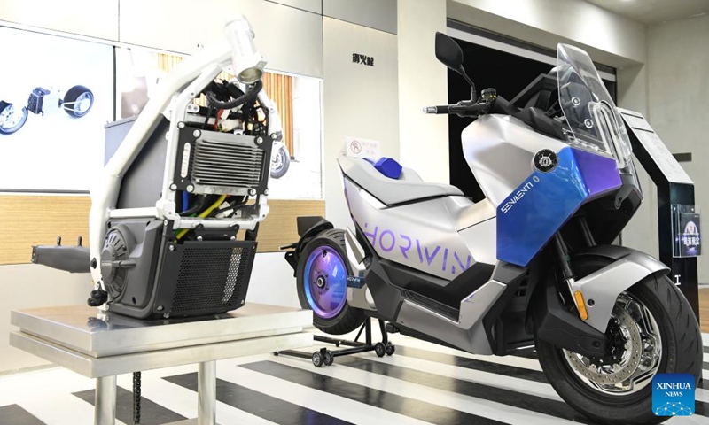 This photo taken on June 1, 2024 shows Senmenti 0, the latest motorcycle model of Horwin, in Changzhou, east China's Jiangsu Province. Founded in 2016, Horwin is a pioneering manufacturer of intelligent electric motorcycles, primarily targeting the overseas market. Boasting over 200 core technology patents, Horwin's electric motorcycles are sold in more than 100 countries and regions. (Photo: Xinhua)