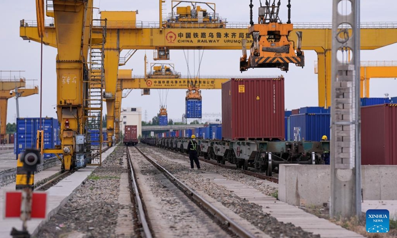 This photo taken on May 29, 2024 shows a view of the load-transfer yard of Horgos Port in Horgos, northwest China's Xinjiang Uygur Autonomous Region. The Horgos Port and the Alataw Pass, two major railway ports in northwest China's Xinjiang Uygur Autonomous Region, have handled more than 6,400 China-Europe (Central Asia) freight train trips since the beginning of this year, according to China Railway Urumqi Group Co., Ltd. (Photo: Xinhua)