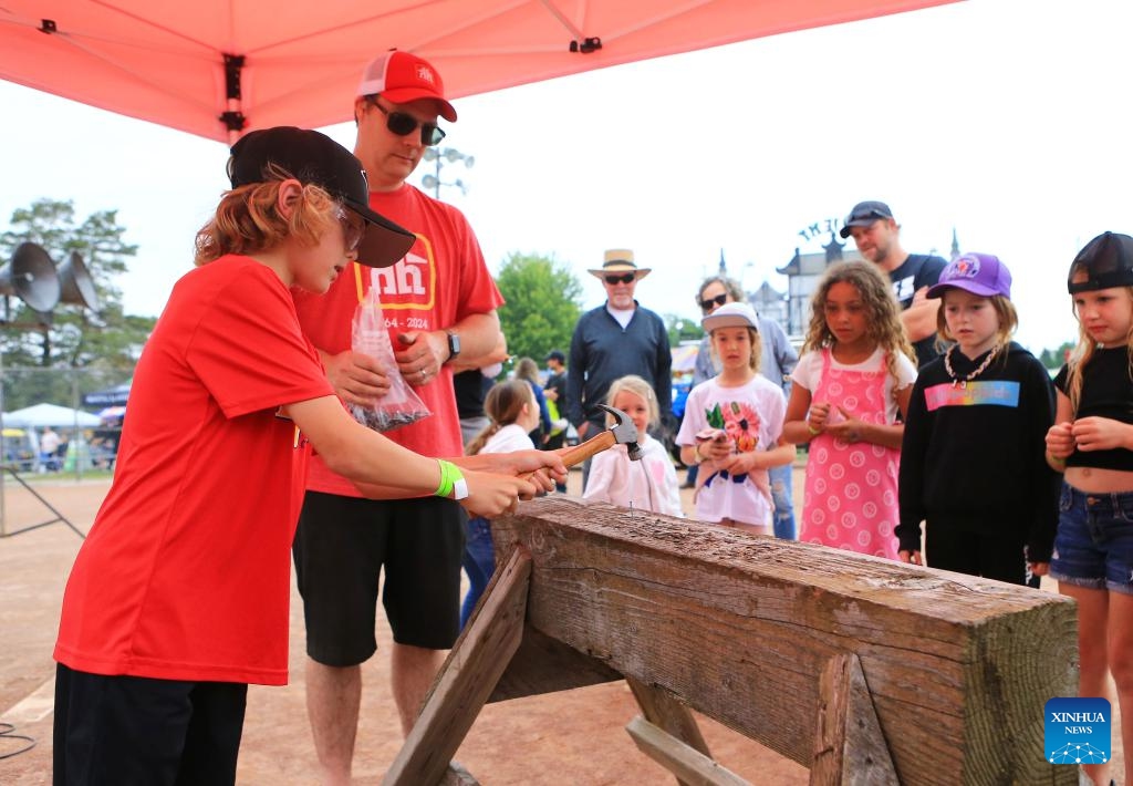 A boy competes during the Nail Driving & Log Saw Competition at the Brooklin Spring Fair in Brooklin, Ontario, Canada, on June 2, 2024.(Photo: Xinhua)