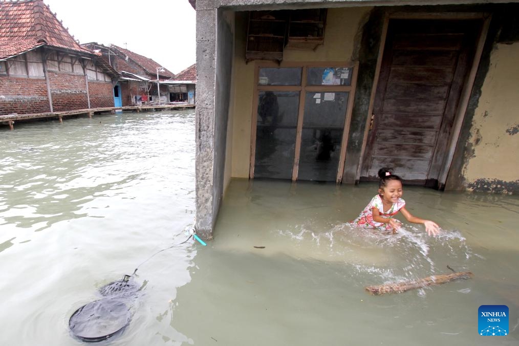 A girl plays near a residential area surrounded by water in Timbulsloko village in Demak, Central Java, Indonesia, June 3, 2024. Rising sea levels and subsidence of the land surface have resulted in some villages being surrounded by sea water.(Photo: Xinhua)