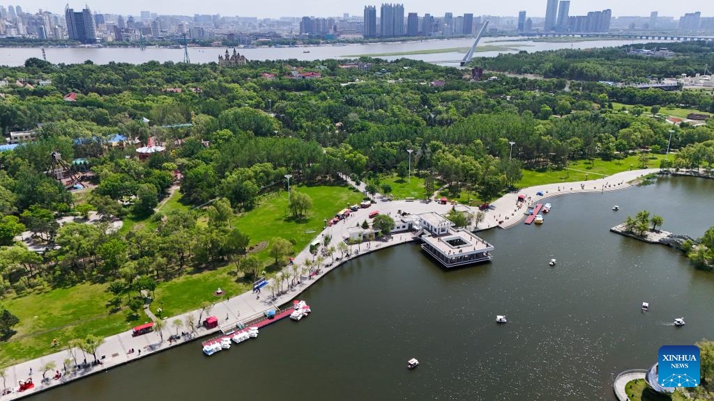 An aerial drone photo taken on June 4, 2024 shows people visiting Heilongjiang Taiyangdao National Wetland Park in Harbin, northeast China's Heilongjiang Province.(Photo: Xinhua)