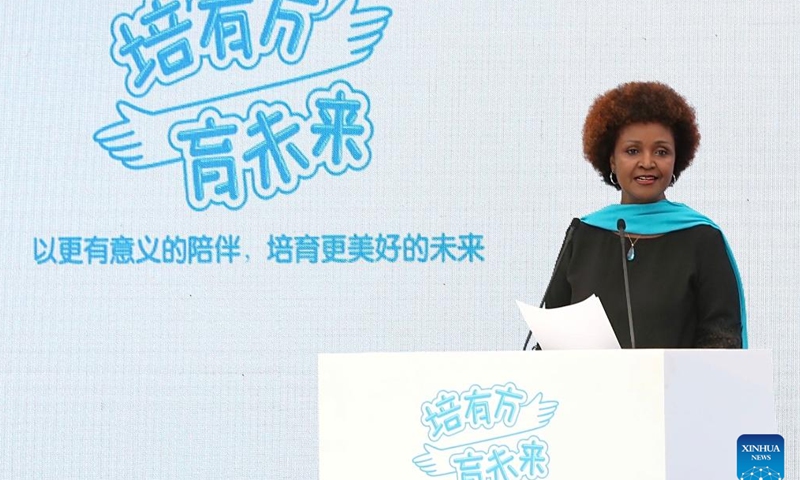 The United Nations Children's Fund (UNICEF) Representative to China Amakobe Sande addresses a public campaign held in Beijing, capital of China, June 7, 2024.
