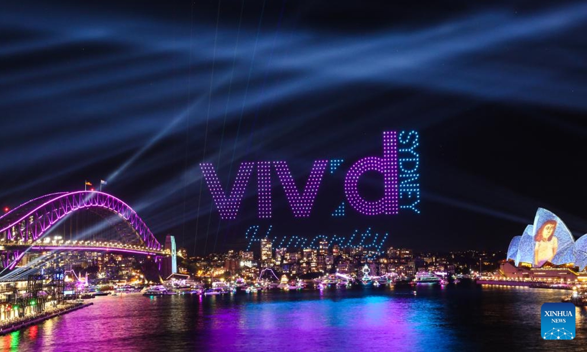 This photo taken on June 8, 2024 shows a view of the Love is in the air drone show during the Vivid Sydney light festival in Sydney, Australia. (Xinhua/Ma Ping)

