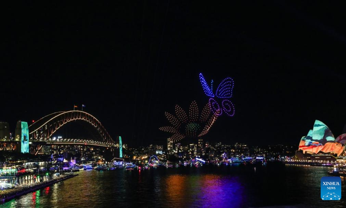 This photo taken on June 8, 2024 shows a view of the Love is in the air drone show during the Vivid Sydney light festival in Sydney, Australia. (Xinhua/Ma Ping)

